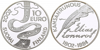 Финляндия 10 евро 2002 Элиас Леннрот, лингвист KM 108 серебро PROOF 11-166-32