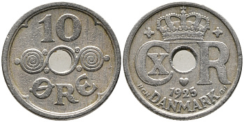 ДАНИЯ 10 ЭРЕ 1925 HCN; GJ, КРИСТИАН X (1912-1947) KM 822.1 медно-никель 100-717