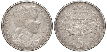 Латвия 5 латов 1931 девушка KM 9 серебро 1530-111