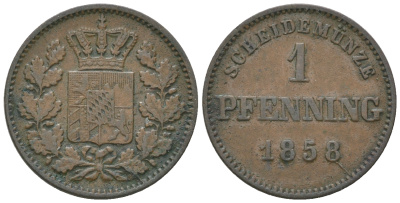 Бавария 1 пфенниг 1858 Максимилиан II (1848-1864) KM 471, AKS 161, Jaeger 91 медь 54-818