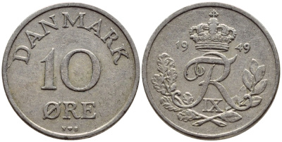 ДАНИЯ 10 ЭРЕ 1949 N; S, ФРЕДЕРИК IX (1947-1972) KM 841.1 медно-никель 4398-912