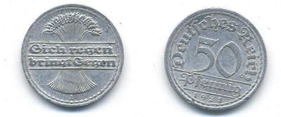 ГЕРМАНИЯ 50 ПФЕННИГОВ 1921 A KM 27, J. 301 алюминий 58-441