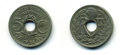 ФРАНЦИЯ 5 САНТИМОВ 1934 ТИП ЛИНДАЙЁ KM 875 медно-никель 84-312