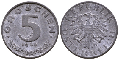 АВСТРИЯ 5 ГРОШЕЙ 1966 КМ 2875 цинк 35-141