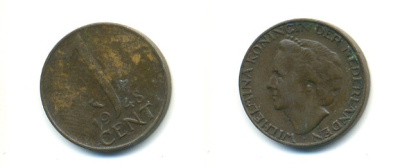 Нидерланды 1 цент 1948 Вильгельмина (1890-1948), год тип KM 175 бронза 80-939