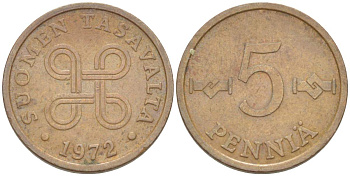 ФИНЛЯНДИЯ 5 ПЕННИ 1972 KM 45 медь 4516-1262