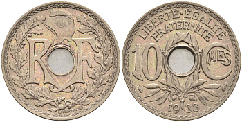 Франция 10 сантимов 1933 тип Линдайё KM 866а медно-никель 4116-457