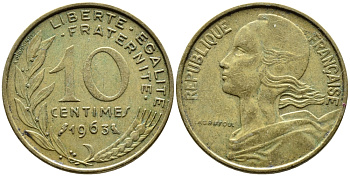 ФРАНЦИЯ 10 САНТИМОВ 1963 ТИП MARIANE KM 929, LE FRANC 144.3 алюминиевая бронза 4393-155