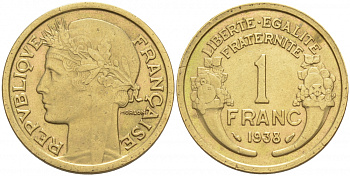 ФРАНЦИЯ 1 ФРАНК 1938 ТИП MORLON KM 885, LE FRANC 219.9 алюминиевая бронза 186-313