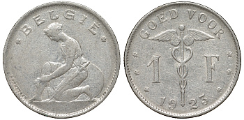 Бельгия 1 франк 1923 Belgie, Альберт I (1909-1934) KM 90 никель 51-1133