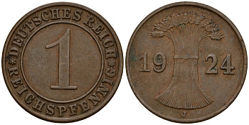 Германия 1 рейхспфенниг 1924 J KM 37, J. 313 бронза 4189-814