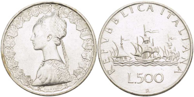 Италия 500 лир 1959 R, корабли Колумба KM 98 серебро 79-221