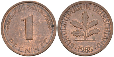 ФРГ 1 пфенниг 1985 D KM 105, J.380 сталь плакированная медью 3309-1115