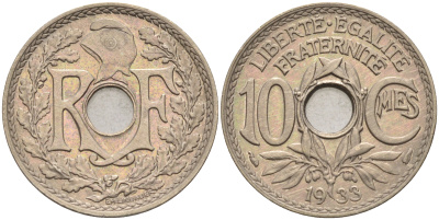 Франция 10 сантимов 1933 тип Линдайё KM 866а медно-никель 4116-457