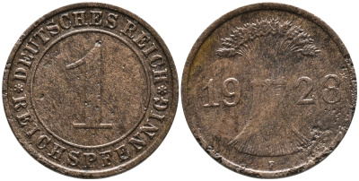ГЕРМАНИЯ 1 РЕЙХСПФЕННИГ 1928 F KM 37, J.313 бронза 179-544