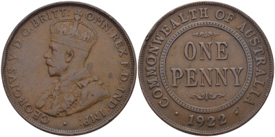 АВСТРАЛИЯ 1 ПЕННИ 1922 ГЕОРГ V KM 23 бронза 82-716