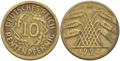 ГЕРМАНИЯ 10 РЕНТЕНПФЕННИГОВ 1924 A KM 33, J.309, Weege 8 алюминиевая бронза 202-241