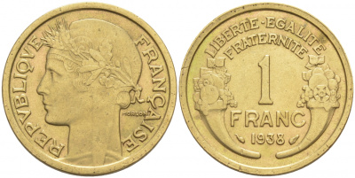 ФРАНЦИЯ 1 ФРАНК 1938 ТИП MORLON KM 885, LE FRANC 219.9 алюминиевая бронза 186-313