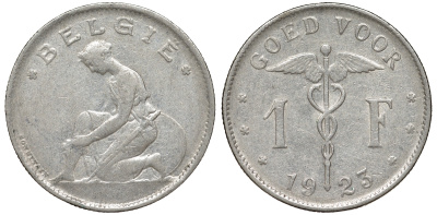 Бельгия 1 франк 1923 Belgie, Альберт I (1909-1934) KM 90 никель 51-1133