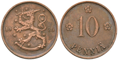 Финляндия 10 пенни 1939 KM 24 медь 4589-427