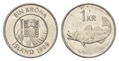 Исландия 1 крона 1989 треска KM 27a сталь плакированная никелем 4691-544