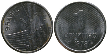 Бразилия 1 крузейро 1979 KM 590, Schon 99 нержавеющая сталь aUNC 4567-969