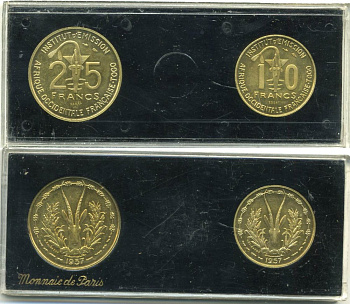 Французская Западная Африка 10 и 25 франков 1957 пробники, ESSAI KM E6, KM E7 алюминиевая бронза UNC 7-4-1-27