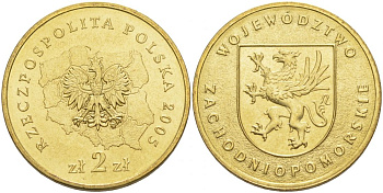 Польша 2 злотых 2005 MW, серия польские воеводства, Западно-Поморское воеводство KM 563, Parchimowicz 950 нордик UNC 4676-255