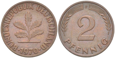 ФРГ 2 ПФЕННИГА 1970 F KM 106а, J. 381а сталь плакированная сталь плакированная медьюю 4181-761