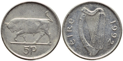 ИРЛАНДИЯ 5 ПЕНСОВ 1992 БЫК KM 28 медно-никель 4396-515
