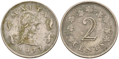 Мальта 2 цента 1977 Пентесилея, царица амазонок KM 9 медь цинк 4596-822