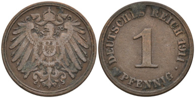 Германия 1 пфенниг 1911 J KM 10, J. 10 медь 4576-163