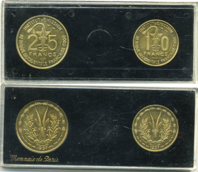 Французская Западная Африка 10 и 25 франков 1957 пробники, ESSAI KM E6, KM E7 алюминиевая бронза UNC 7-4-1-27