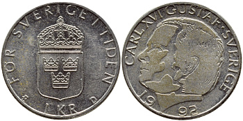 Швеция 1 крона 1992 Карл XVI Густав (1973- ) KM 852a медно-никель 4384-226