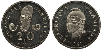 Французские Новые Гебриды 20 франков 1967 пробный выпуск, ESSAI KM E3 никель 272-114