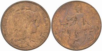 ФРАНЦИЯ 5 САНТИМОВ 1902 ТИП ДАНИЭЛЬ ДЮПЮИ KM 842, LE FRANC 119.12 бронза 108-916