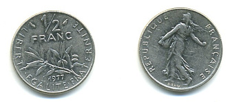 ФРАНЦИЯ 1/2 ФРАНКА 1977 СЕЯТЕЛЬ KM 931.1, LE FRANC 198.16 никель 25-946
