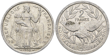 Французская Новая Каледония 2 франка 1990 птица кагу, (IEOM) KM 14, Schoen 11, Lec 66 алюминий    23-425