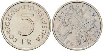 Швейцария 5 франков 1976 500 лет битве при Муртене KM 54 медно-никель  UNC  4593-1132