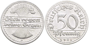 ГЕРМАНИЯ 50 ПФЕННИГОВ 1921 D KM 27, J. 301, Weege 10 алюминий 261-714
