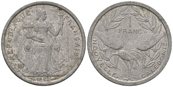 Французская Новая Каледония 1 франк 1982 птица кагу, (IEOM) KM 10, Schoen 10, Lec 45 алюминий    51-2152