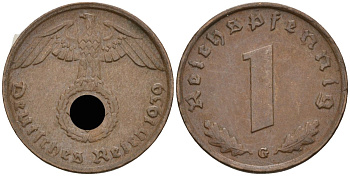 Германия 1 рейхспфенниг 1939 G KM 89, J 361 бронза 4136-1236