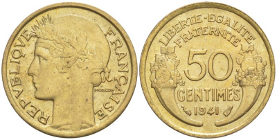 ФРАНЦИЯ 50 САНТИМОВ 1941 ТИП MORLON KM 894.1, LE FRANC 192.18 алюминиевая бронза 44-461