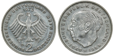 ФРГ 2 марки 1975 D, Теодор Хойс KM 127, J. 407 медно-никель плакированный никелем UNC 4681-951