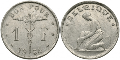 БЕЛЬГИЯ 1 ФРАНК 1934 BELGIQUE KM 89 никель 51-2131