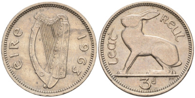 Ирландия 3 пенса 1963 заяц KM 12а медно-никель XF-UNC 4580-928