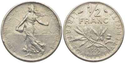 Франция 1/2 франка 1965 сеятель KM 931, Le Franc 198.3 никель 175-922