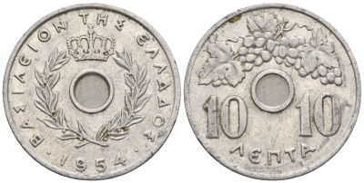 Греция 10 лепта 1954 Павел I (1947-1964), виноградная лоза KM 78 алюминий 87-312