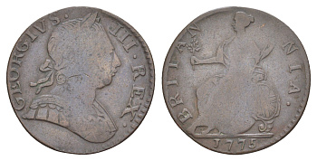 Великобритания 1 фартинг 1775 Георг II (1727-1760) KM 602, Spink 3775 медь 1526-423