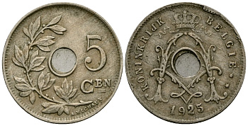 Бельгия 5 сантимов 1925 Belgie KM 67 медно-никель 4173-265